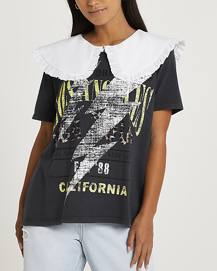 Petite grey graphic collar frill t-shirt