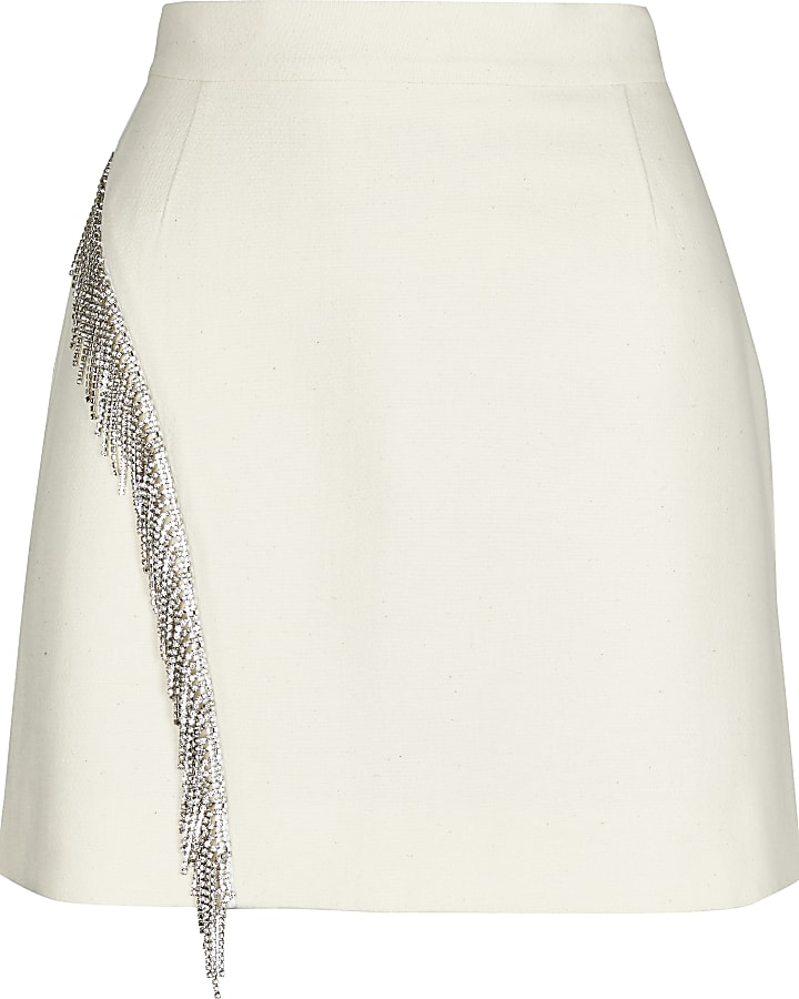 Cream diamante fringe mini skirt