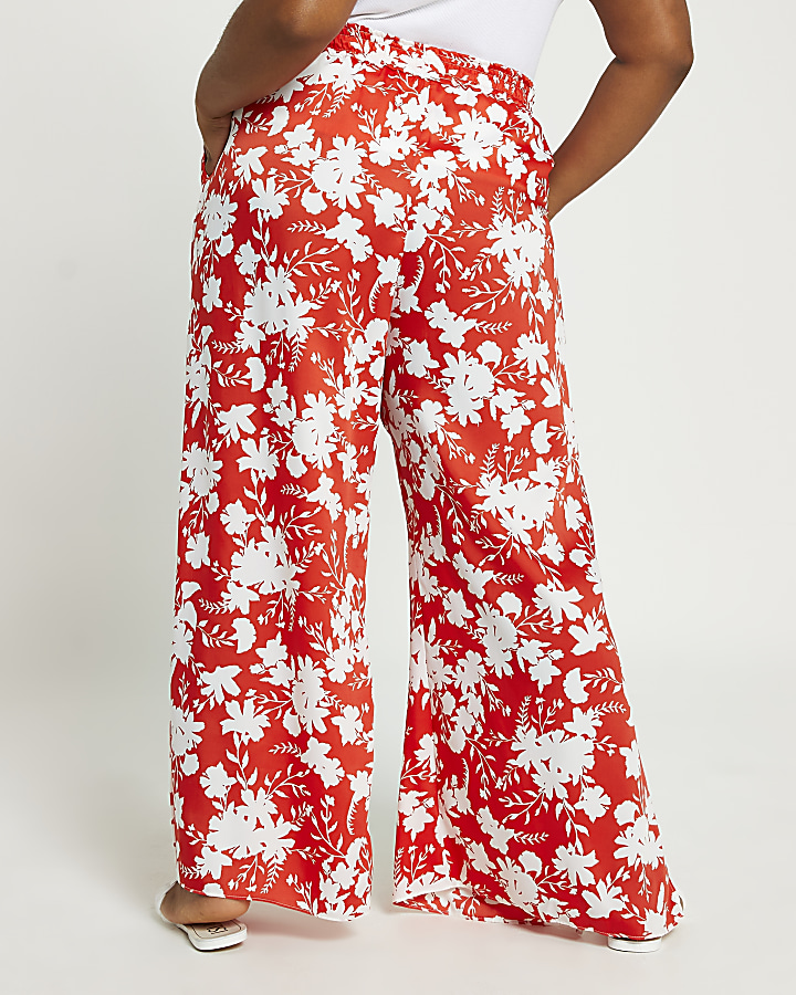 Plus red floral print wide leg trousers