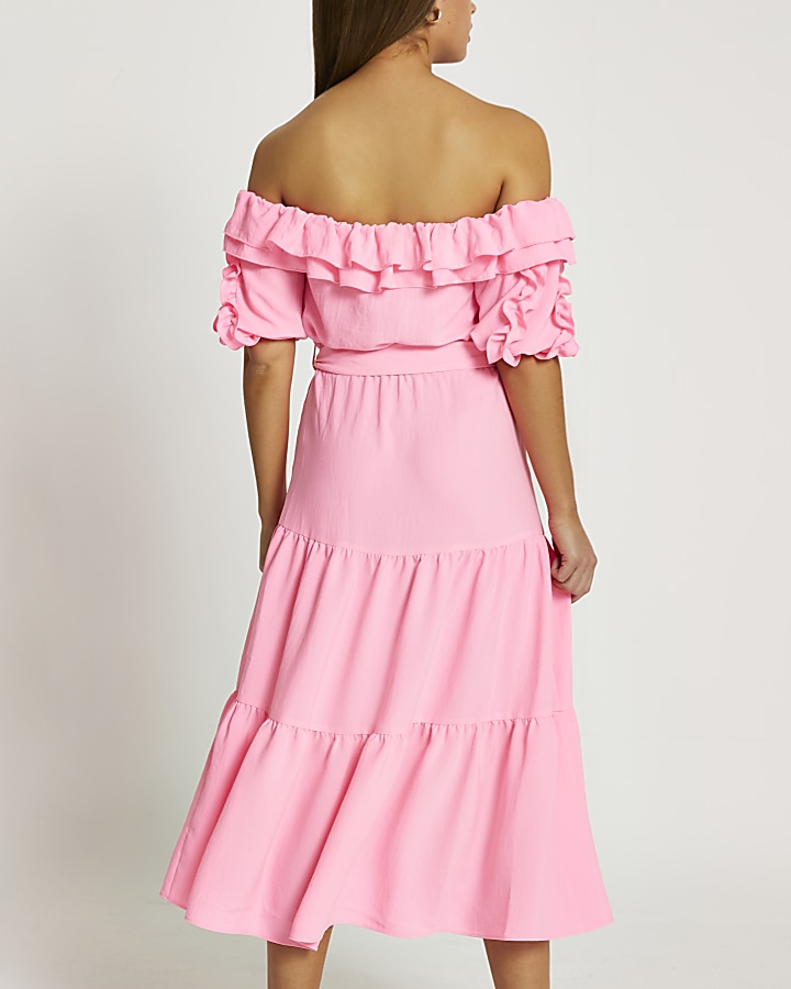 Pink bardot frill midi dress