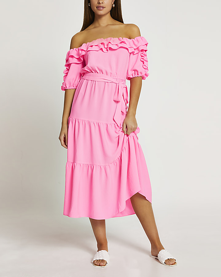Pink bardot frill midi dress
