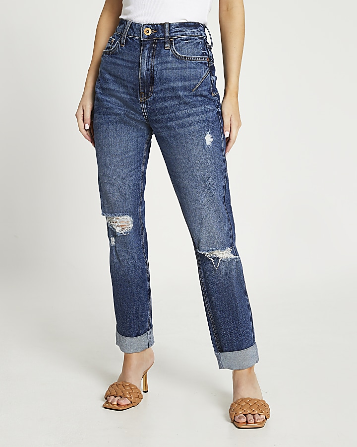Petite blue ripped high waisted mom jeans
