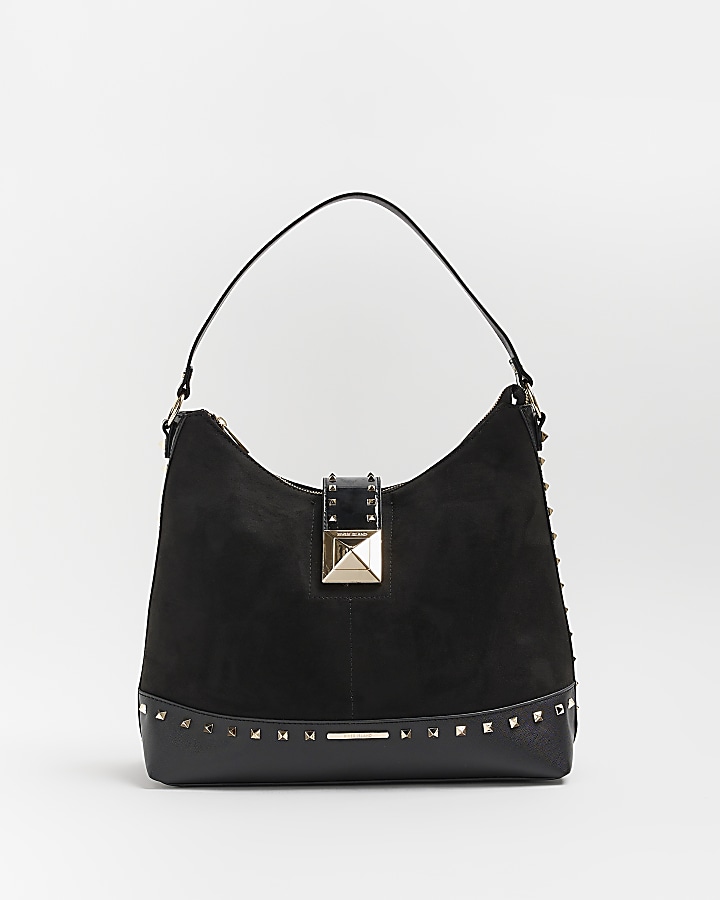 River island black store studded side slouch bag