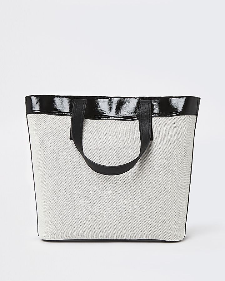 Beige embroidered canvas shopper bag