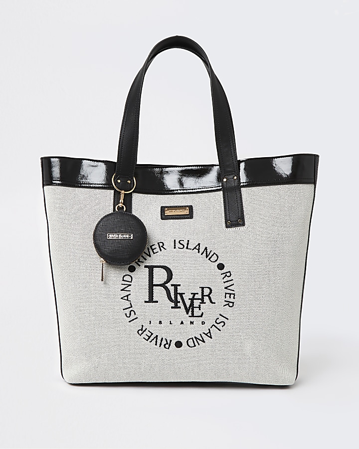 Beige embroidered canvas shopper bag