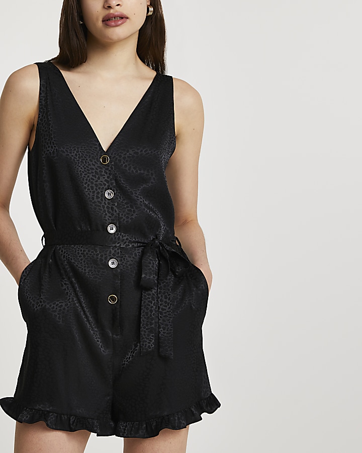 Black button up frill romper playsuit