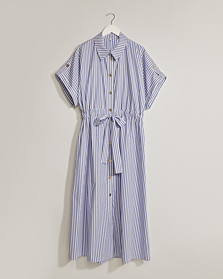 Blue short sleeve stripe midi shirt dress