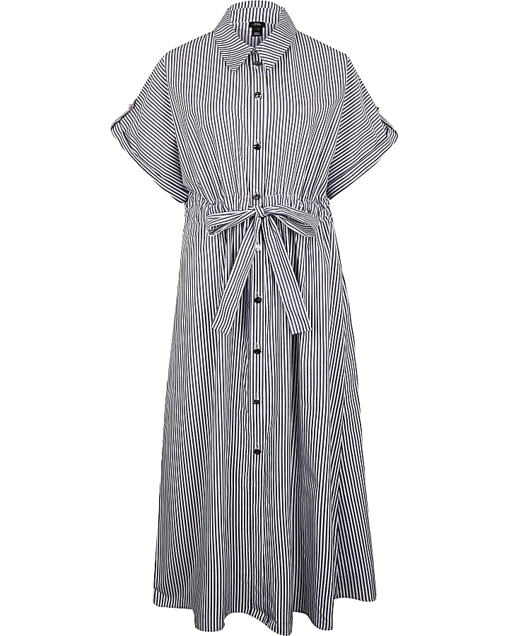 Grey short sleeve stripe midi shirt dress