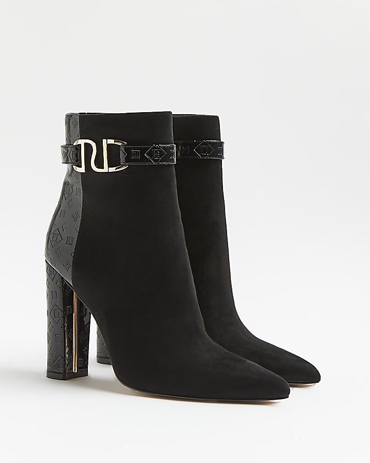 Black RI monogram embossed heeled boots