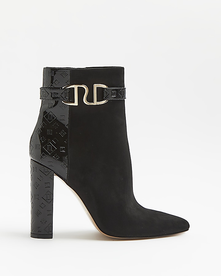 Black RI monogram embossed heeled boots