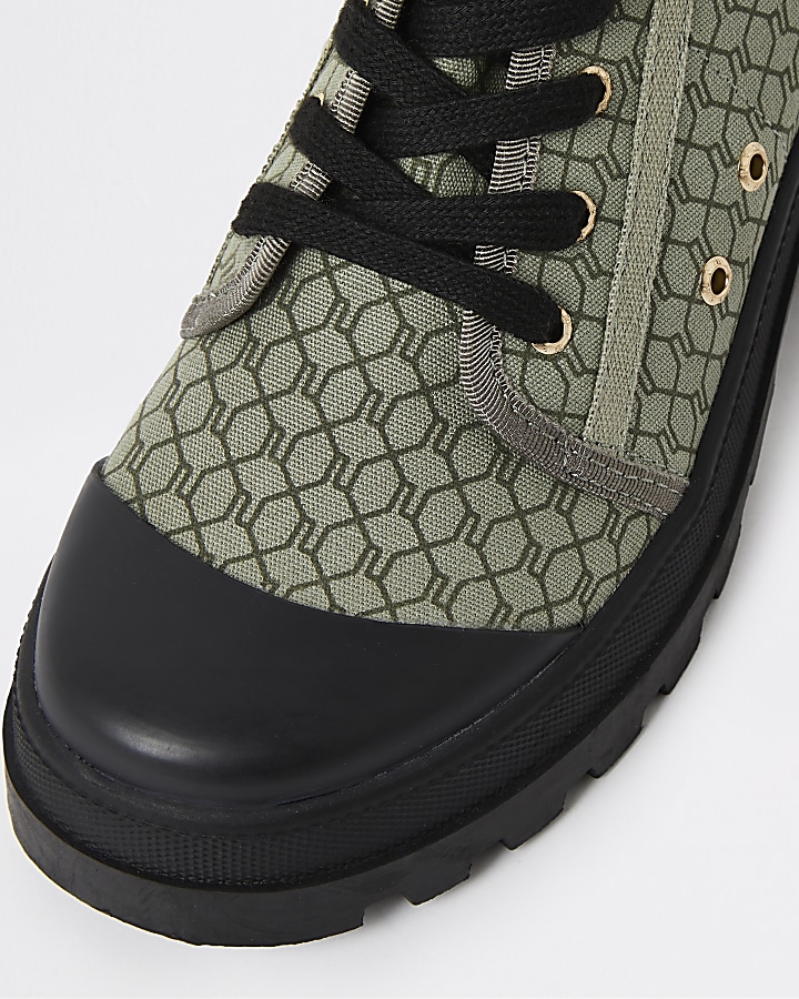 Khaki RI monogram canvas lace up ankle boots