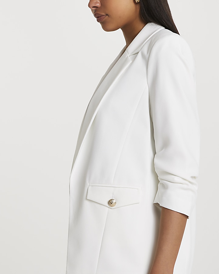 White ruched sleeve pocket detail blazer