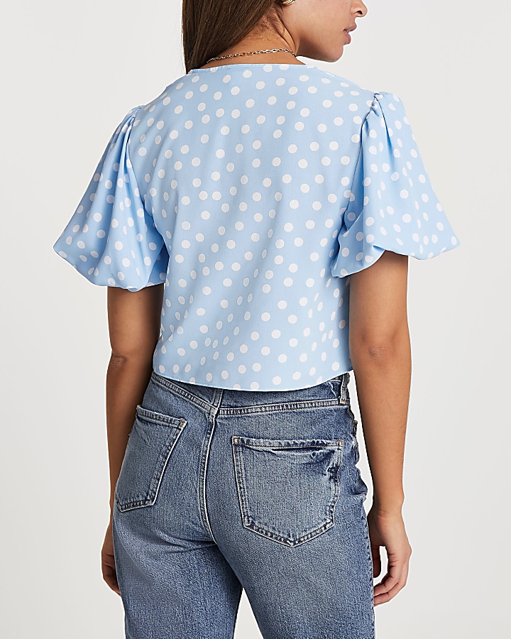Blue short sleeve spot ruched top