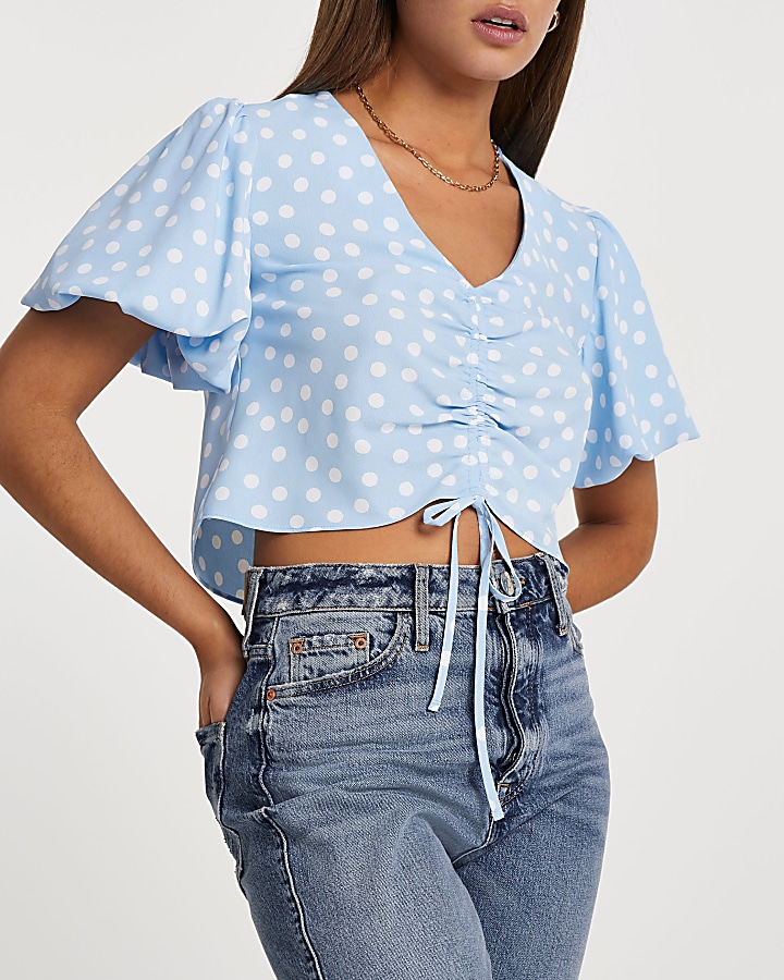 Blue short sleeve spot ruched top