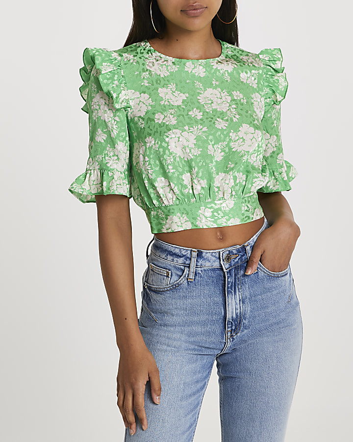 Green floral open back frill top