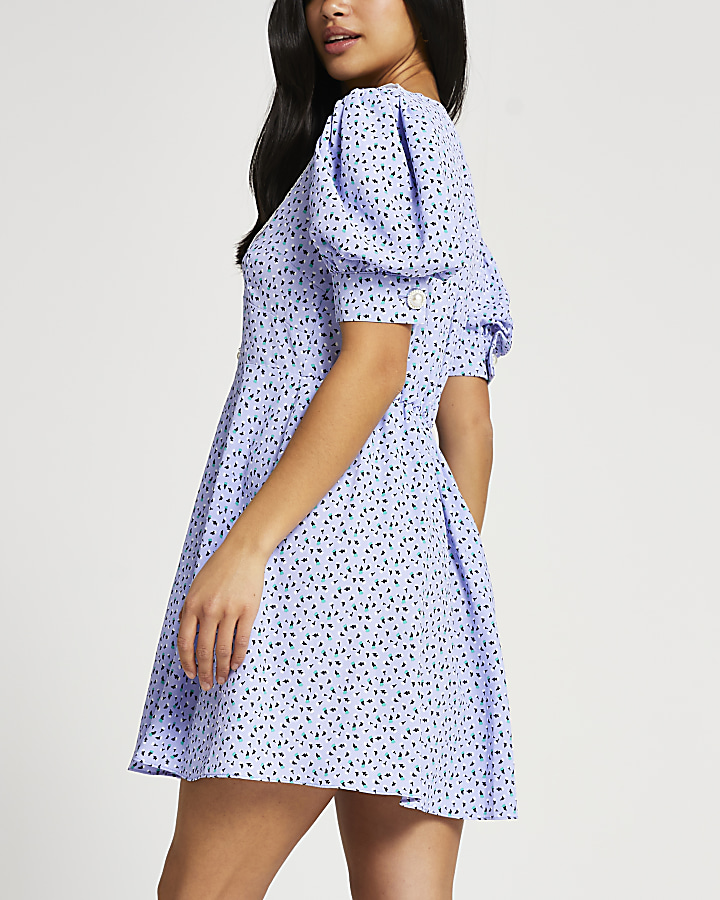 Petite blue floral collar tea mini dress