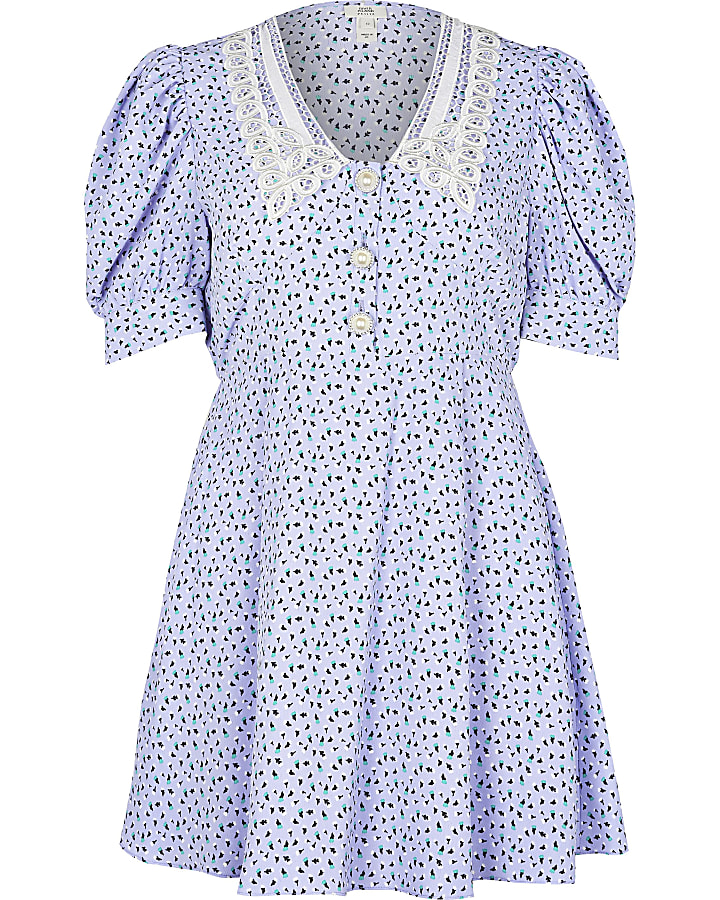 Petite blue floral collar tea mini dress