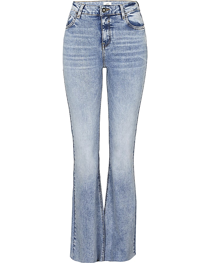 Blue mid rise flared jeans