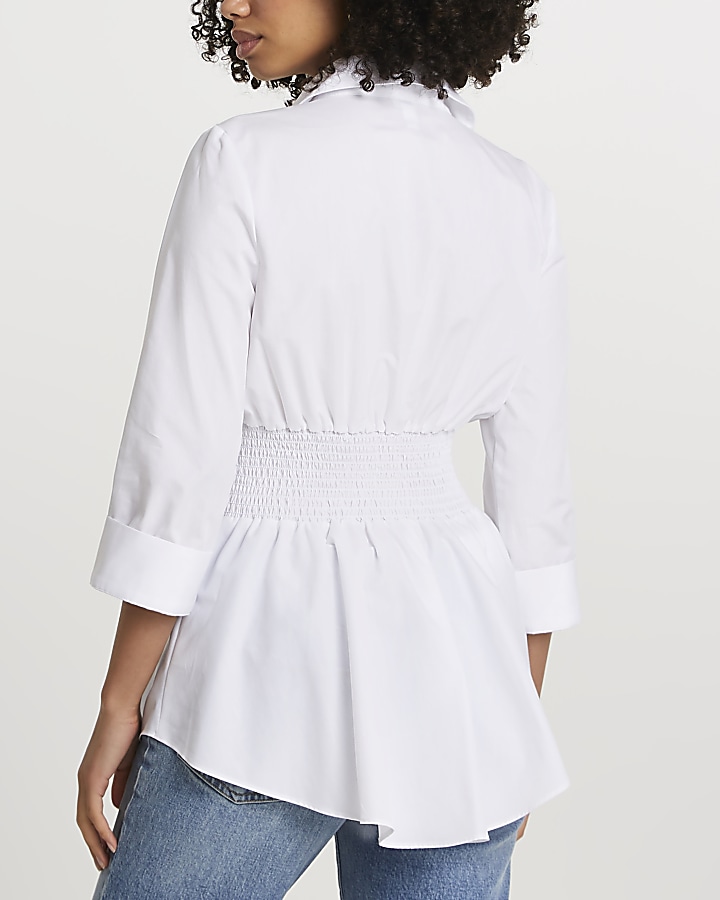 White long sleeve shirred waist shirt
