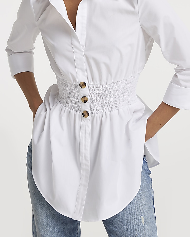 White long sleeve shirred waist shirt