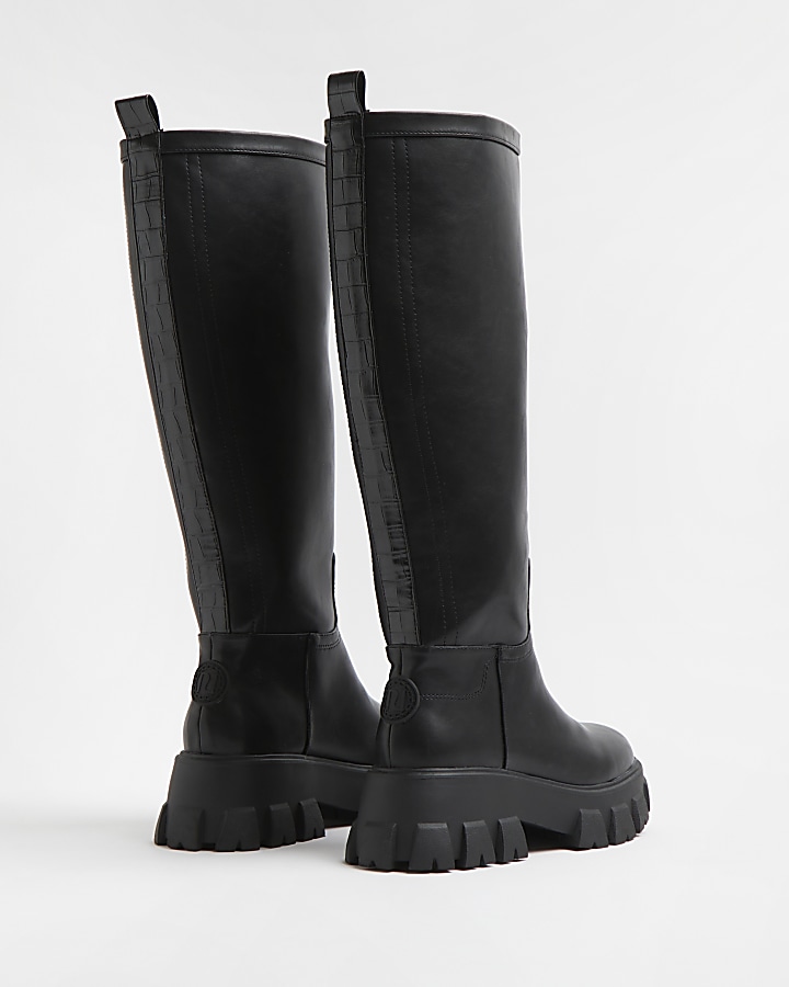 Black knee high rubber chunky boots