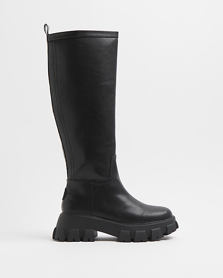 Black knee high rubber chunky boots