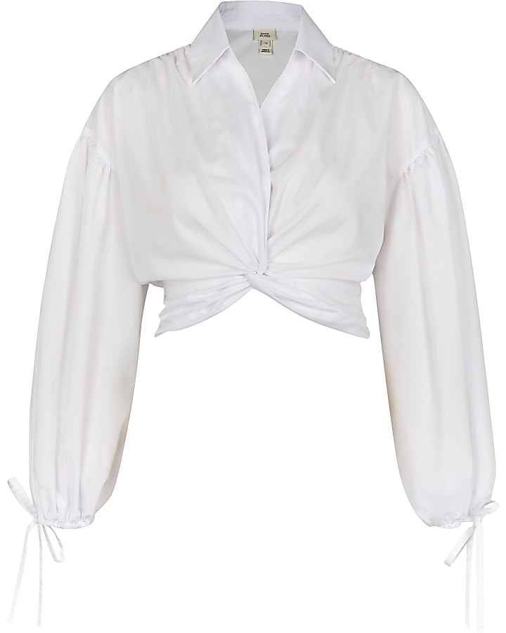 White long sleeve twist front crop shirt