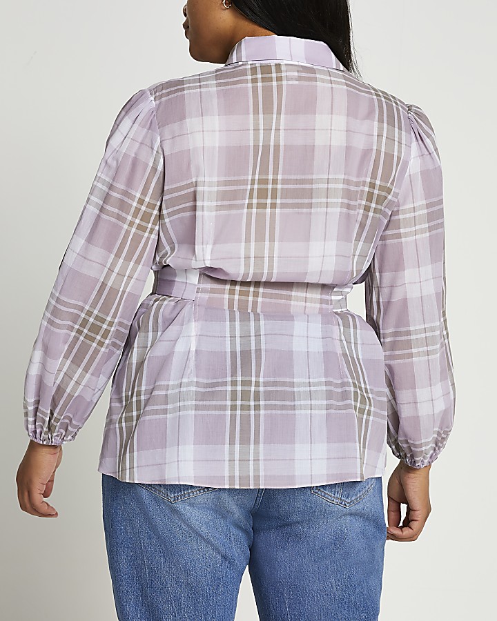 Plus purple check waisted belted shirt