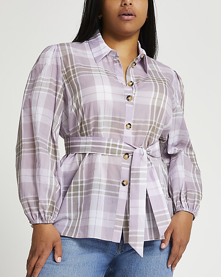 Plus purple check waisted belted shirt