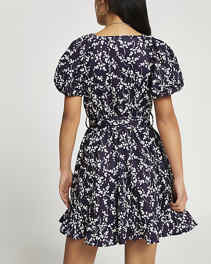 Petite navy floral belted wrap mini dress