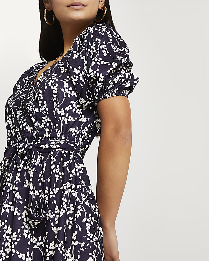 Petite navy floral belted wrap mini dress