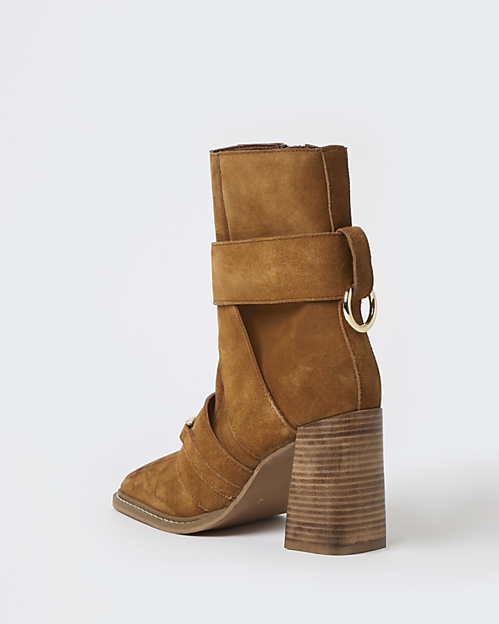 Brown tan suede square toe heeled boots