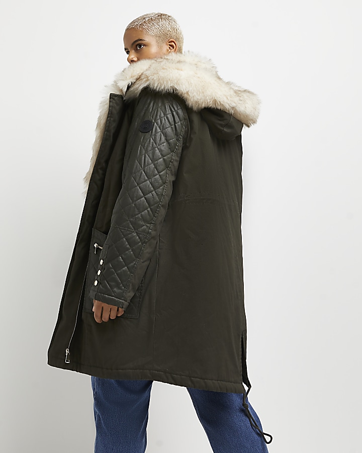 Plus khaki faux fur lined parka coat