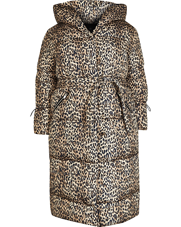 Plus brown leopard print puffer coat