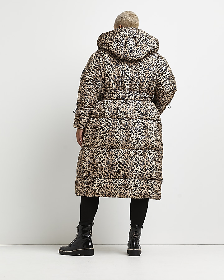 Plus brown leopard print puffer coat