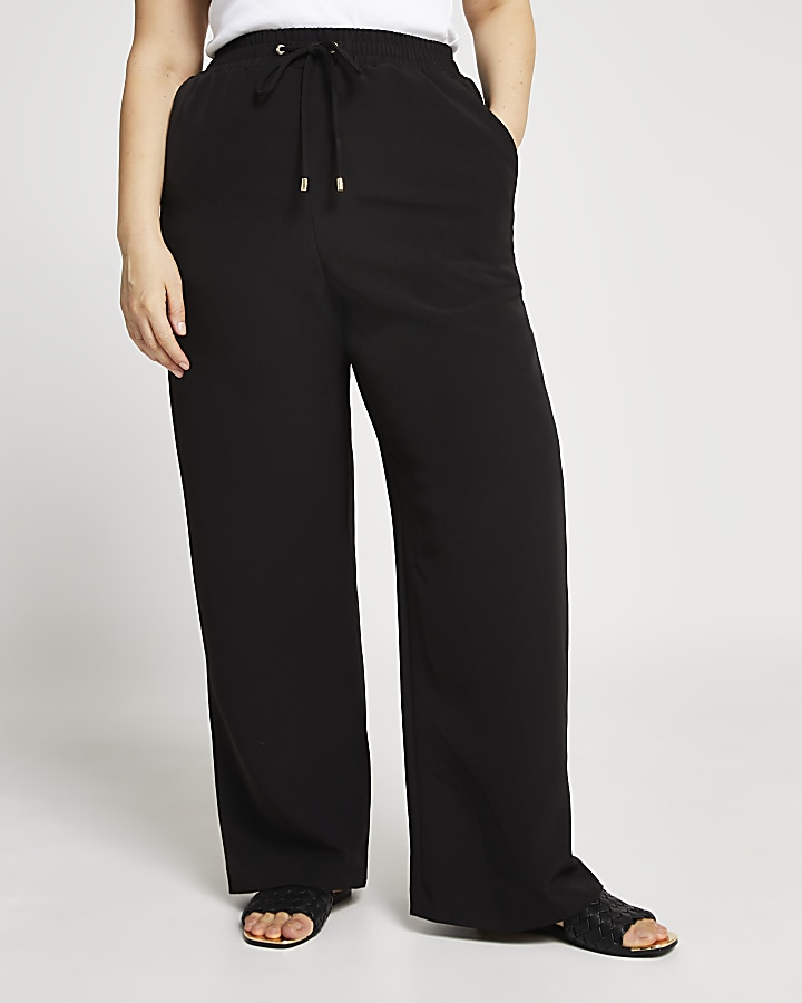 Plus black waisted wide leg trousers