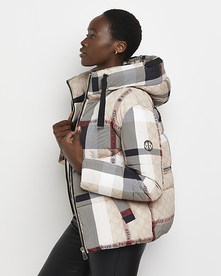 Beige checked puffer coat