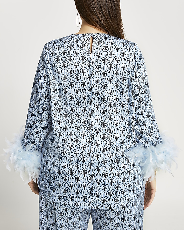 Plus blue feather cuff blouse top