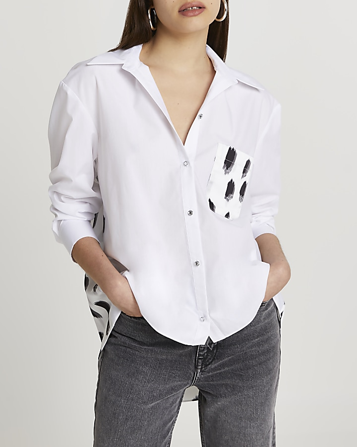 White abstract print poplin shirt