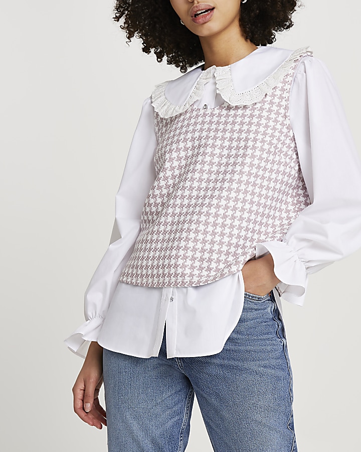 Pink boucle hybrid collar blouse top