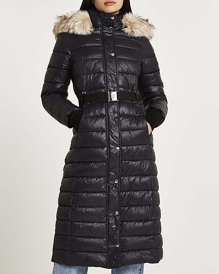 Black belted longline puffer coat