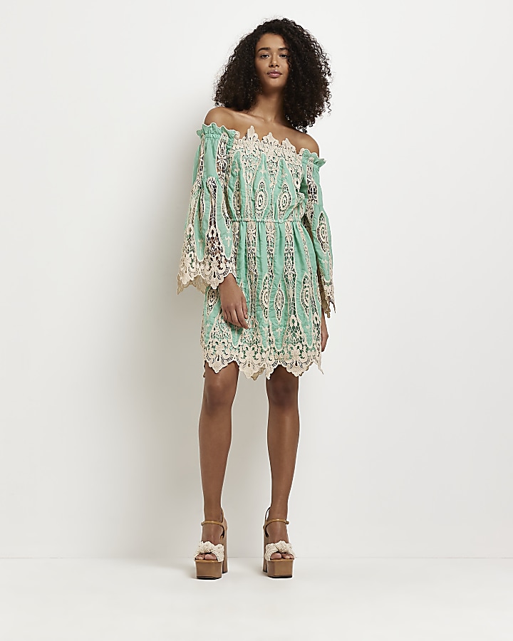 Aqua lace bardot mini dress