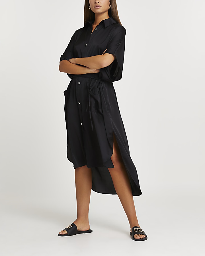 Black oversized pocket shirt dress