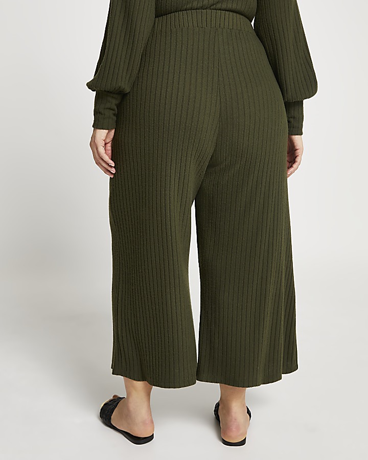 Plus khaki belted ribbed culottes