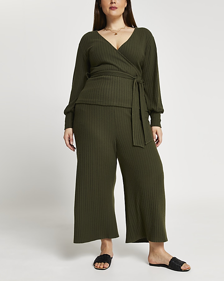 Plus khaki belted ribbed culottes