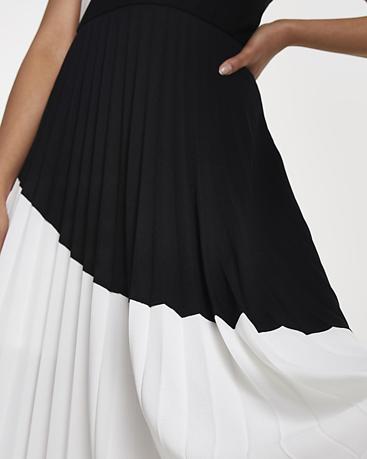 Black colour block pleated midi dress