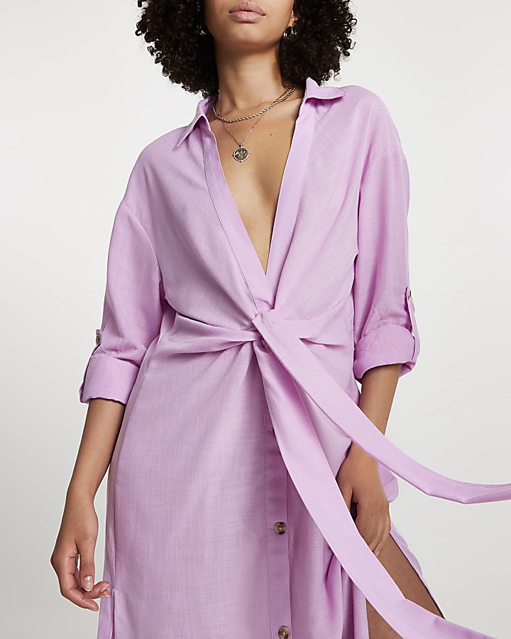 Purple longline tie shirt dress