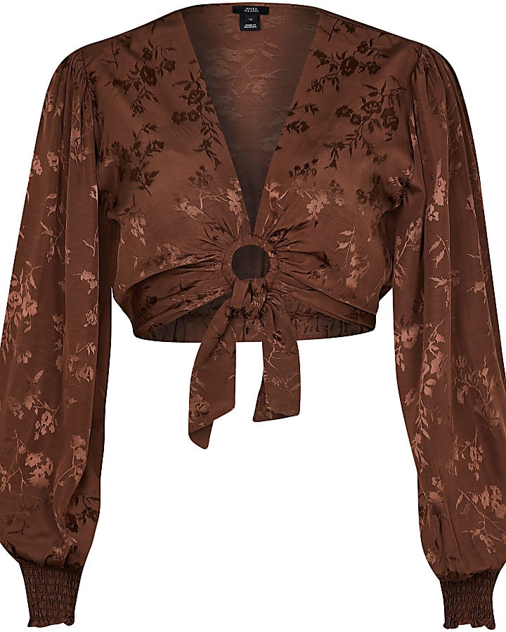 Brown ring front tie blouse top