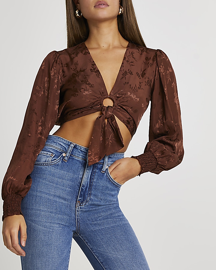 Brown ring front tie blouse top