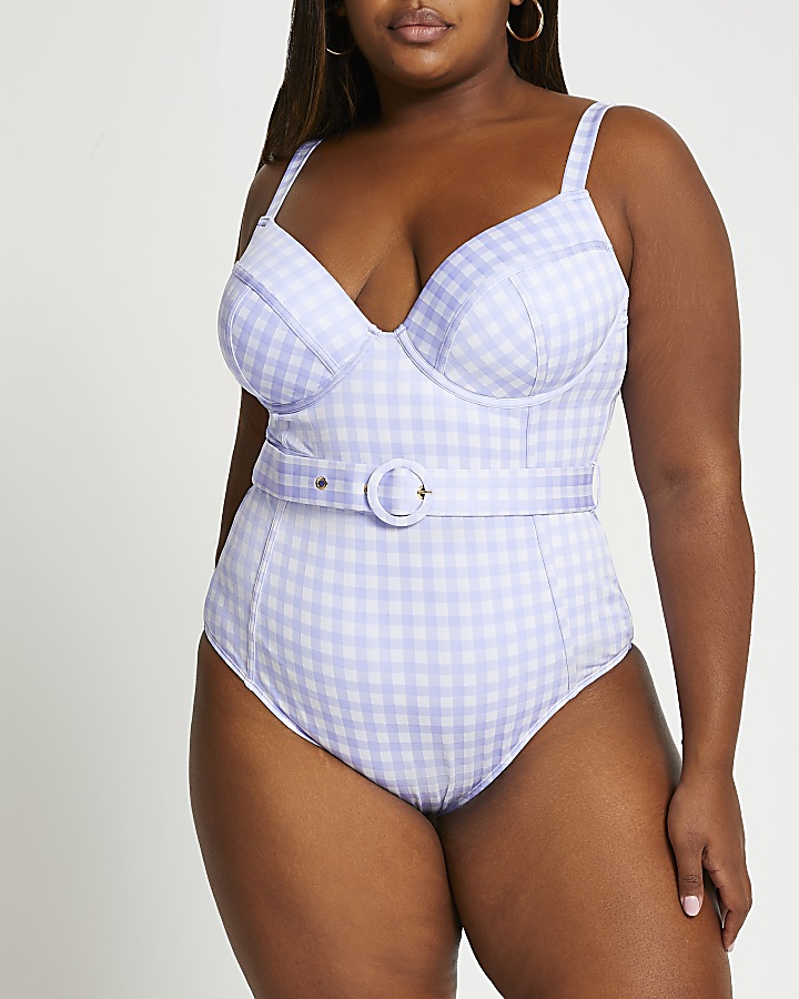 Plus purple gingham belted swimsuit
